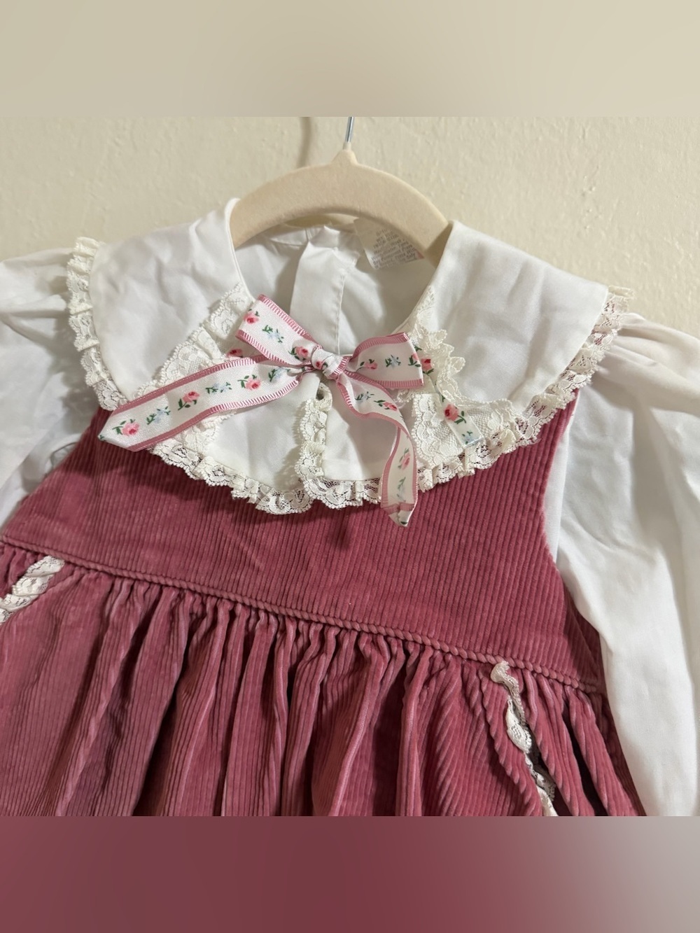 Vintage Toddler Girl 2-Piece Set Rose Pink Corduroy Pinafore & Lace Blouse 3T - Picture 4 of 14